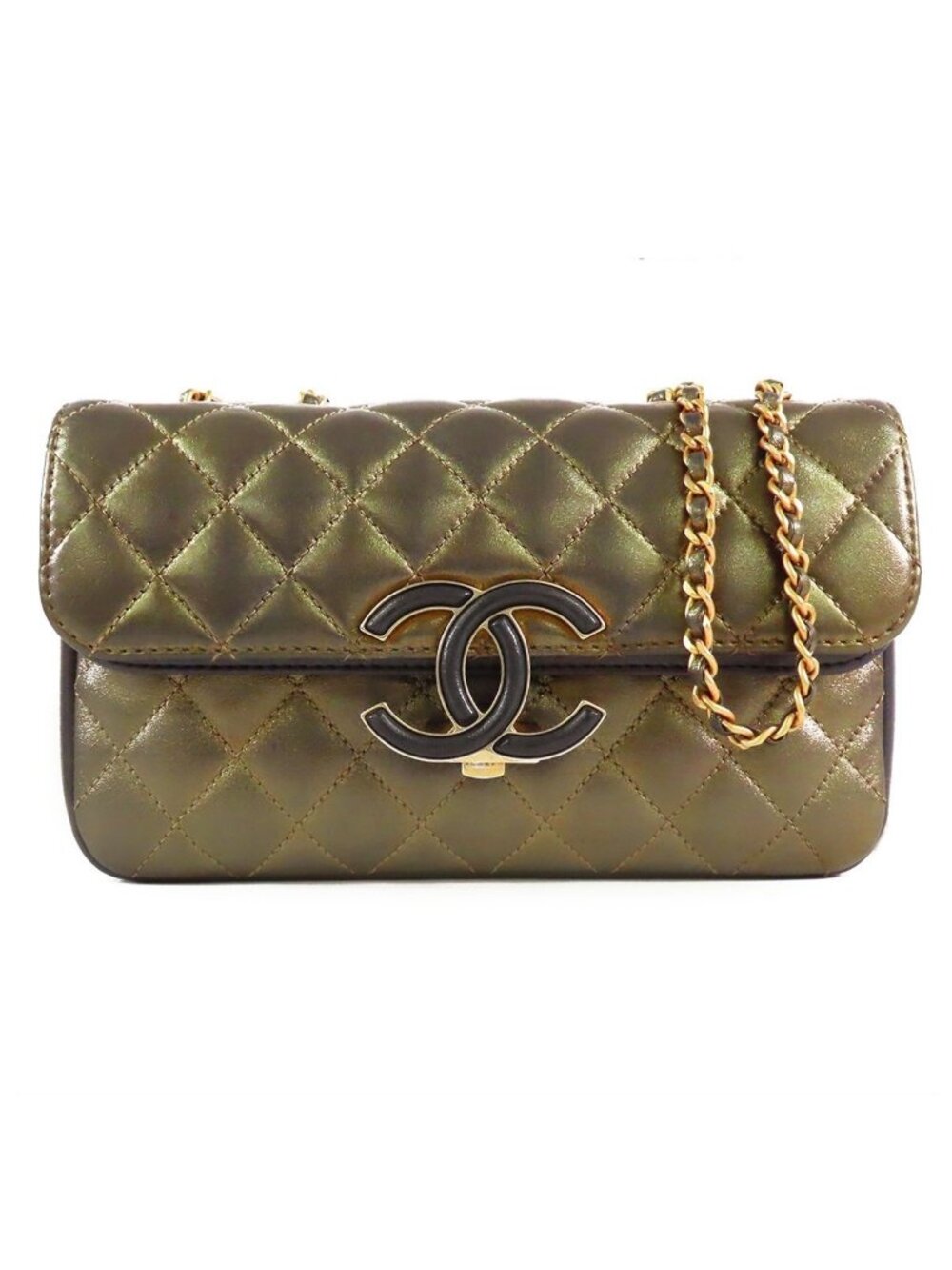Chanel Quilted Double Flap Chain Gold Gray Leather CC Logo Shoulder Bag